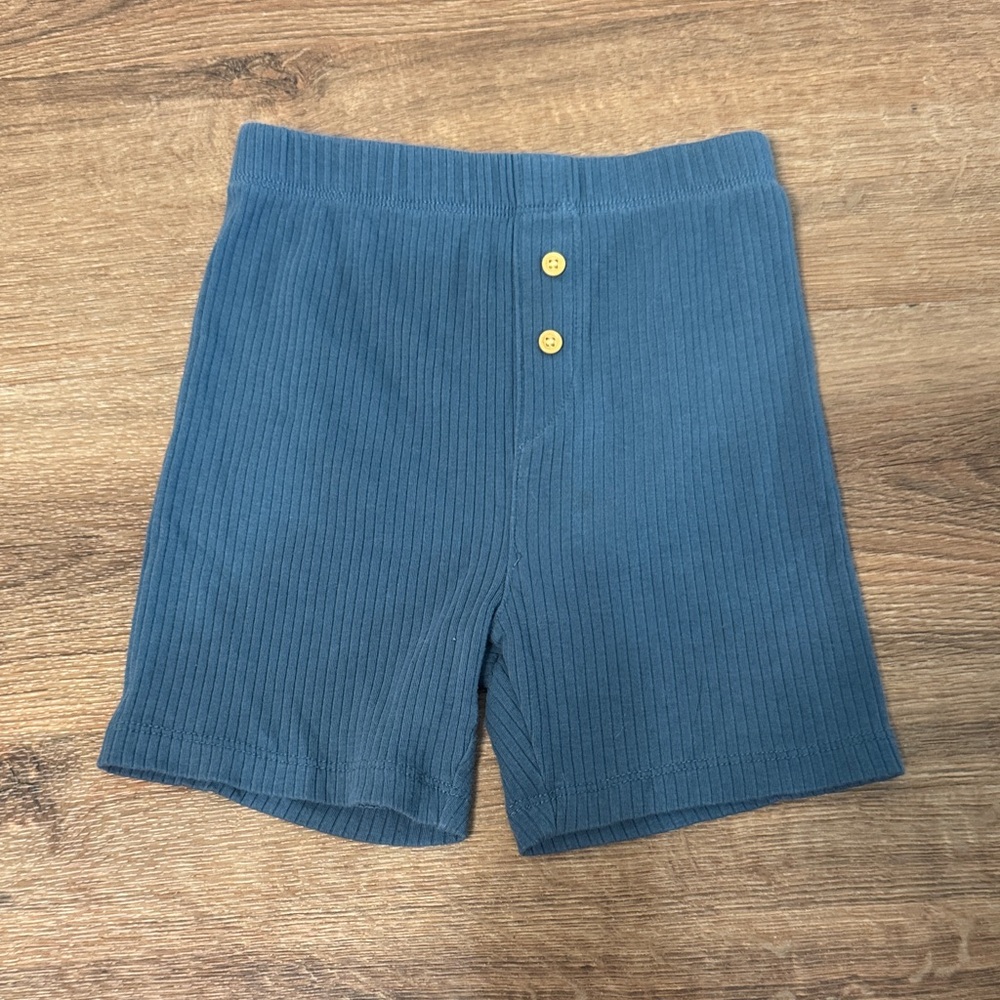 Ribbed Blue Kids Knit Shorts with Yellow Button Detail